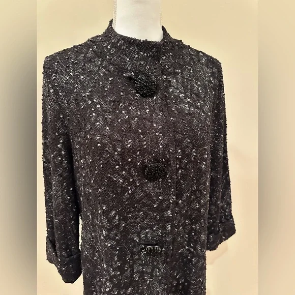 JM Collection Black Coat with Textured Design - Picture 2 of 5